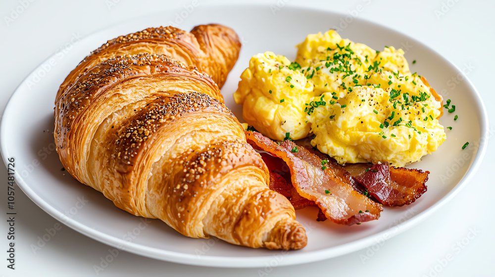 Delicious plate of flaky croissants and creamy scrambled eggs accompanied by crispy bacon for a perfect breakfast Delicious plate of flaky croissants and creamy scrambled eggs accompanied by crispy bacon for a perfect breakfast