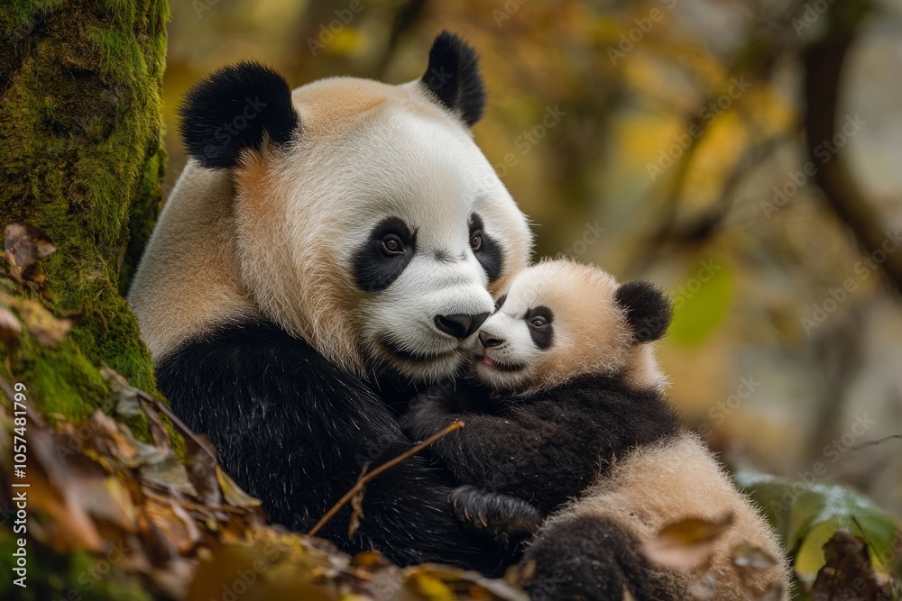 Obraz premium A mother panda embracing her baby in a serene forest. The gentle bond between them shows warmth and tenderness. Nature captured beautifully in a playful style. Generative AI