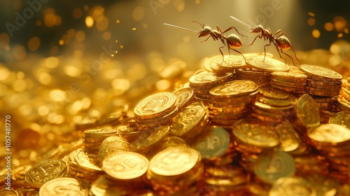 Two ants fighting over gold coins. abstract concept, meaninglessness and contradiction. ants fighting for gold