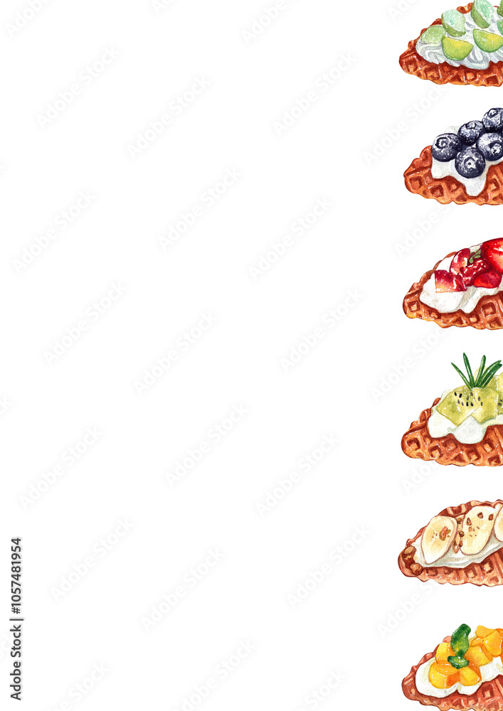 Croffle topped with fruit Vertical frame watercolor illustration Croffle topped with fruit Vertical frame watercolor illustration