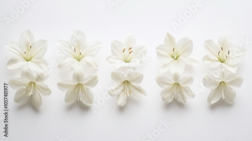 A row of white lilies arranged symmetrically on a light background.