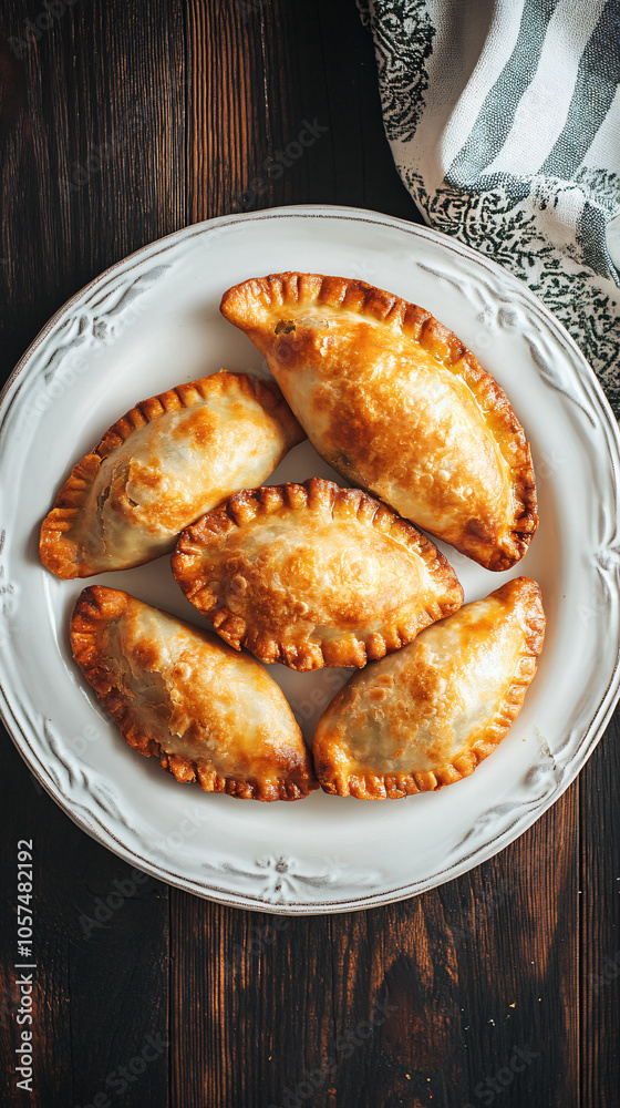 Six freshly baked golden brown empanadas are displayed on a clean white plate, ready to be savored Six freshly baked golden brown empanadas are displayed on a clean white plate, ready to be savored