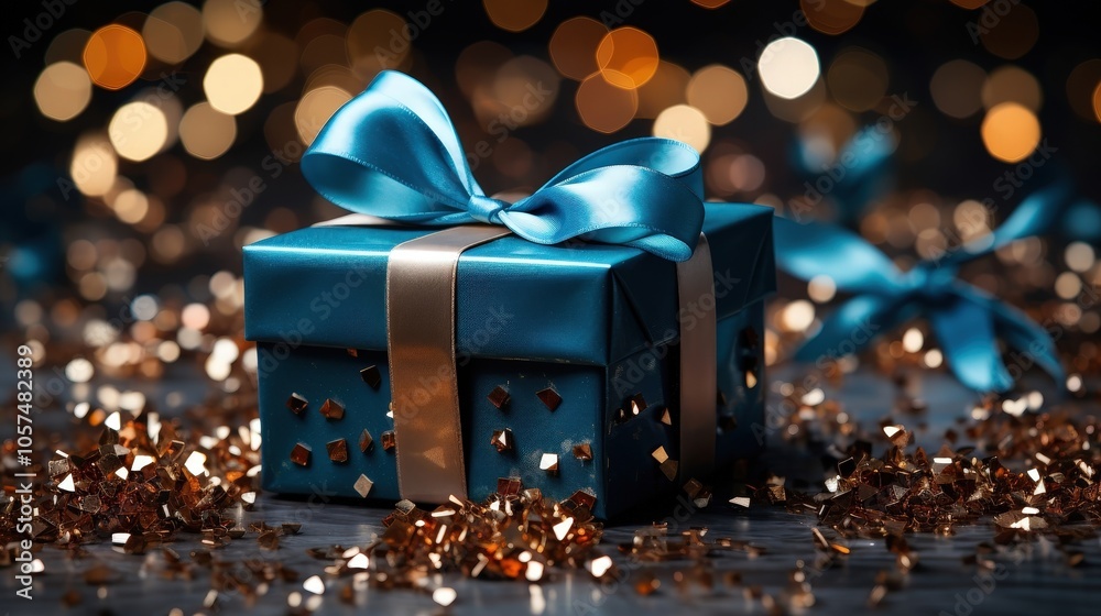 A blue gift box adorned with a satin ribbon and sparkling gold confetti, creating a festive and elegant display. A blue gift box adorned with a satin ribbon and sparkling gold confetti, creating a festive and elegant display.