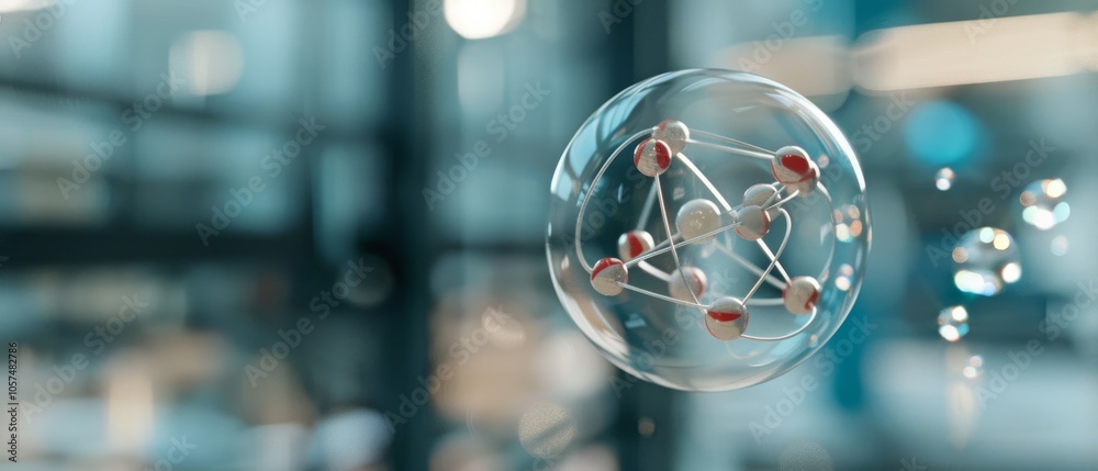 Fototapeta premium A transparent bubble encapsulates a complex molecular structure, suspended in a modern, blurred background, symbolizing scientific curiosity and innovation.