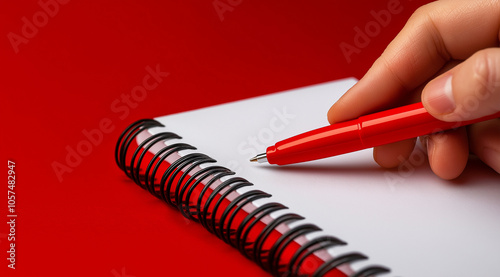 Uma mão segurando uma caneta vermelha está posicionada acima de um caderno espiral em branco sobre um fundo vermelho vibrante, pronta para capturar ideias e pensamentos photo