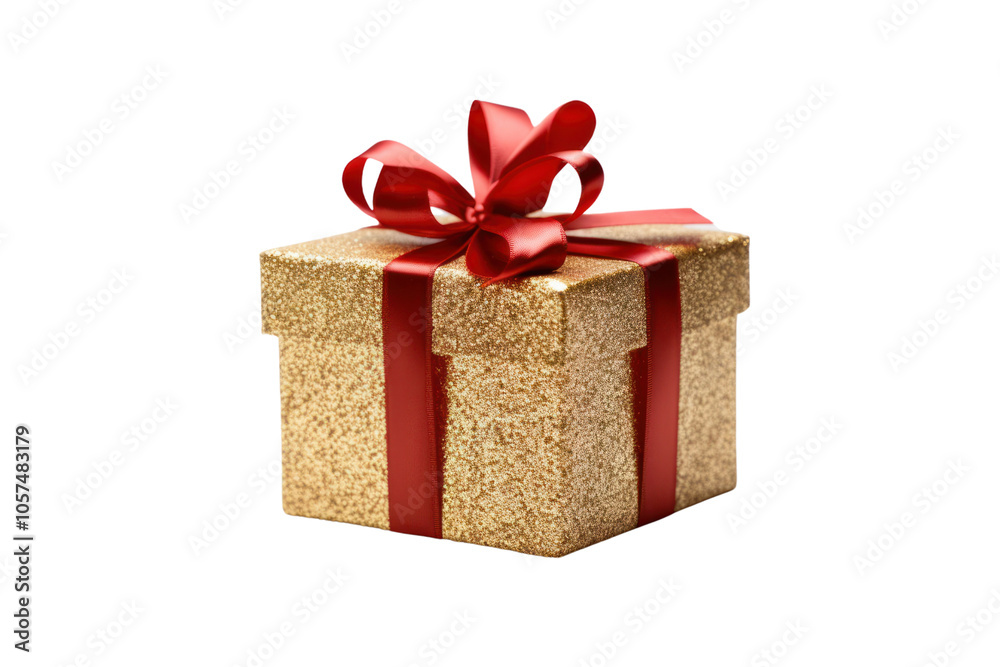 Obraz premium Elegant gold glitter gift box adorned with a red ribbon, placed on a white background