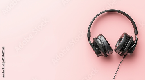 Fones de ouvido pretos estilosos em fundo rosa suave, criando uma estética moderna e minimalista. Perfeito para amantes de música e entusiastas de tecnologia photo