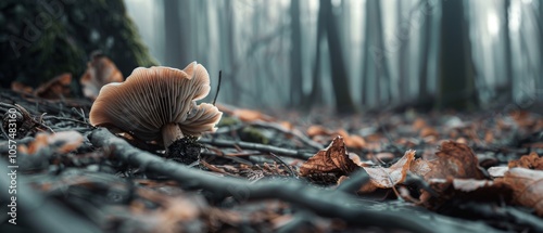 Wallpaper Mural A lone mushroom emerges amidst fallen leaves on a forest floor, enveloped by misty trees, embodying a mystical woodland scene. Torontodigital.ca