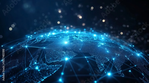 Earth encircled by blue digital connections, a representation of global network technology