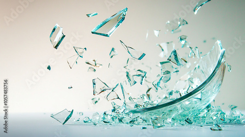 Shattering glass plate flying fragments photo