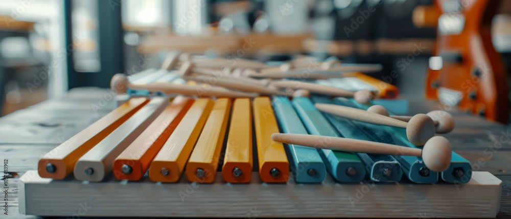 Naklejka premium Bright, colorful xylophone keys laid out on a wooden table with drumsticks, inviting playful music and creativity.
