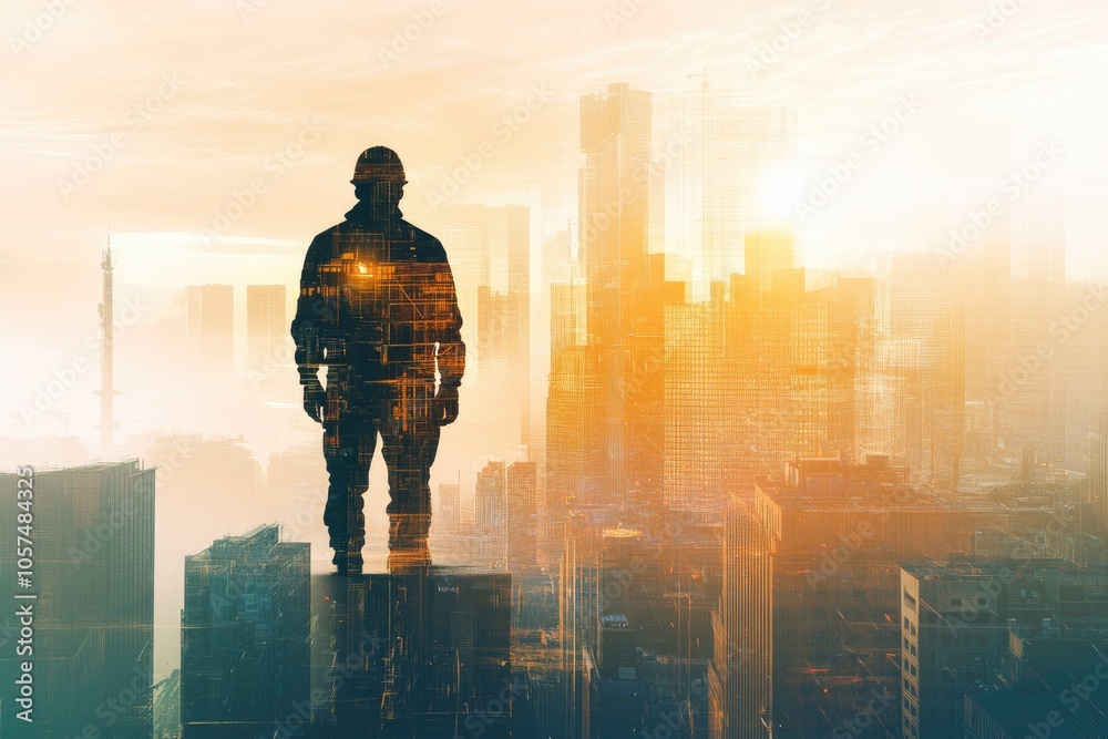 double exposure of engineer with safety helmet double exposure of engineer with safety helmet