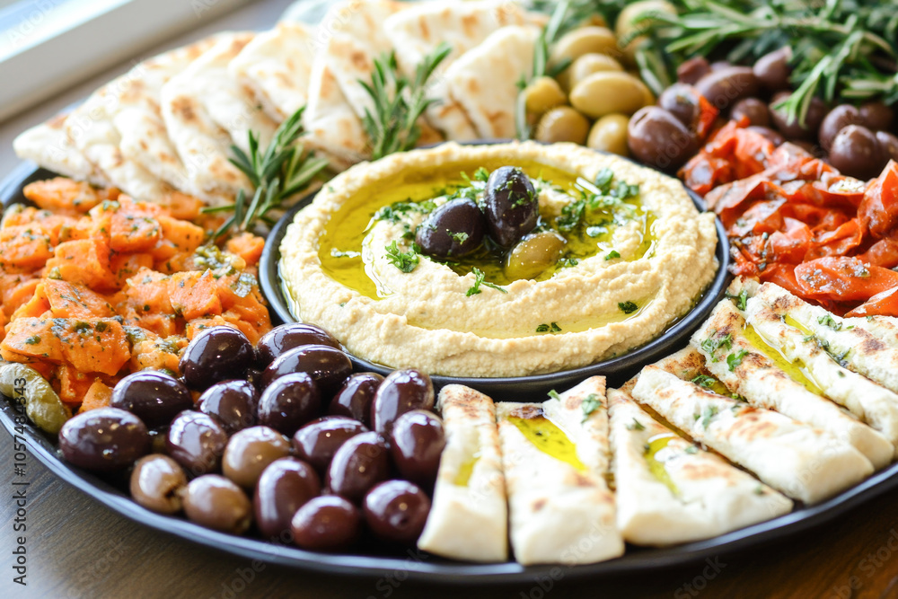 Gourmet mediterranean platter with hummus, olives, pita, and roasted vegetables Gourmet mediterranean platter with hummus, olives, pita, and roasted vegetables