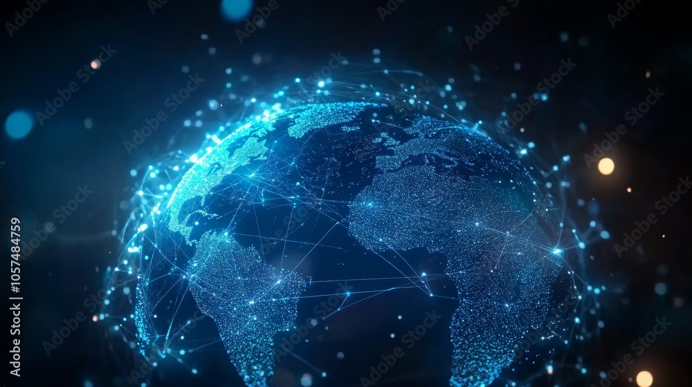 Digital Earth wrapped in a blue-glowing network, illustrating global connectivity and online information sharing Digital Earth wrapped in a blue-glowing network, illustrating global connectivity and online information sharing