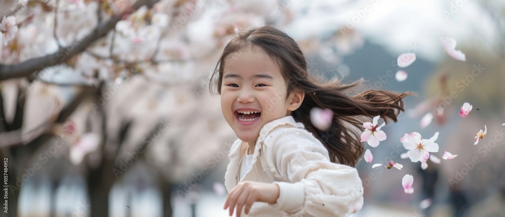 A joyful child dances among fluttering cherry blossoms under bright skies, exuding pure happiness and playfulness.