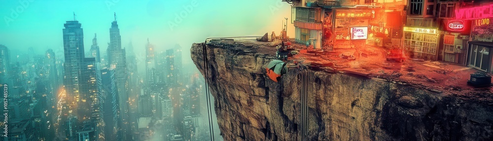 Skyscraper city on the edge of a giant cliff, luminous buildings, surreal heights, endless abyss Skyscraper city on the edge of a giant cliff, luminous buildings, surreal heights, endless abyss