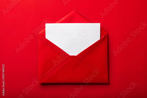 mockup of blank white card inside red paper envelope on vibrant red background ideal for holiday greetings invitations and announcements