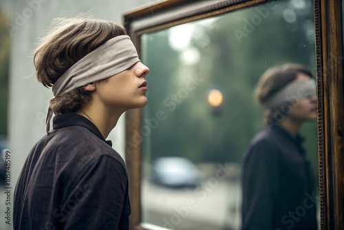 person wearing blindfold facing mirror outdoors evoking themes of introspection perception and self-discovery amid a blurred natural setting  photo