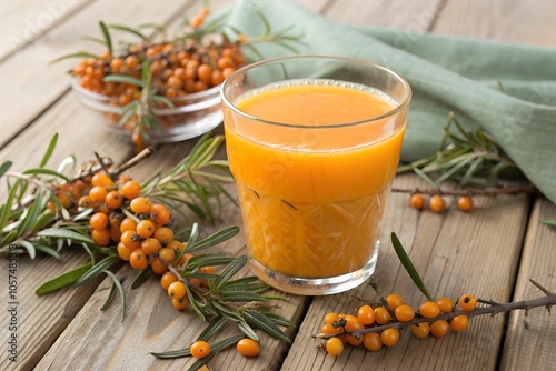 Refreshing glass of sea buckthorn juice with fresh berries on a rustic wooden table, health and wellness theme.