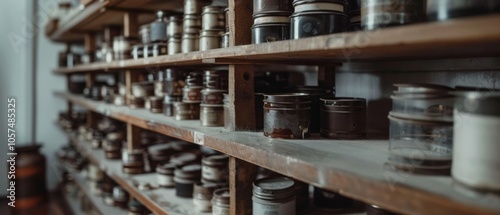 Dimly lit shelves hold rows of vintage jars, each containing a piece of history, evoking nostalgia and curiosity. photo