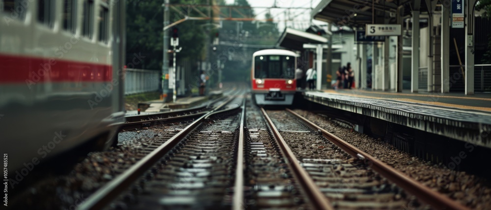 A train approaches a busy station, merging modernity with movement as tracks converge under a cloudy sky. A train approaches a busy station, merging modernity with movement as tracks converge under a cloudy sky.