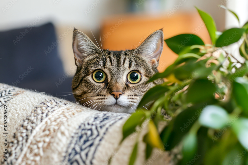 Curious cat peeking over blanket with plant in cozy home setting Curious cat peeking over blanket with plant in cozy home setting