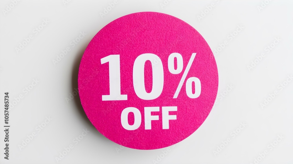 White '10% OFF' Text on a Fuchsia Round Paper Note. White Background with Copy Space White '10% OFF' Text on a Fuchsia Round Paper Note. White Background with Copy Space