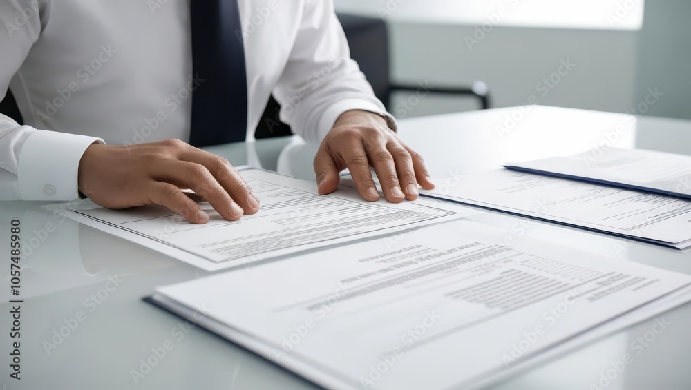 A focused professional reviews paperwork at a clean desk, showcasing attention to detail and diligence in a bright, modern workspace. A focused professional reviews paperwork at a clean desk, showcasing attention to detail and diligence in a bright, modern workspace.