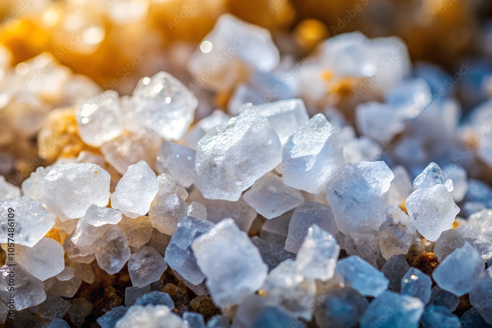 Detailed close-up of salt crystals shining in sunlight, highlighting their rough, natural crystalline structure on a textured surface. Detailed close-up of salt crystals shining in sunlight, highlighting their rough, natural crystalline structure on a textured surface.