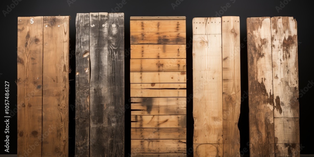 Five Wooden Planks with Varying Textures and Colors Showcasing the Beauty of Natural Wood