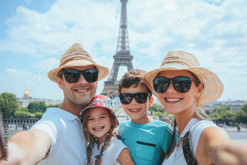 Happy family vacation in paris with eiffel tower background - summertime adventure and travel joy