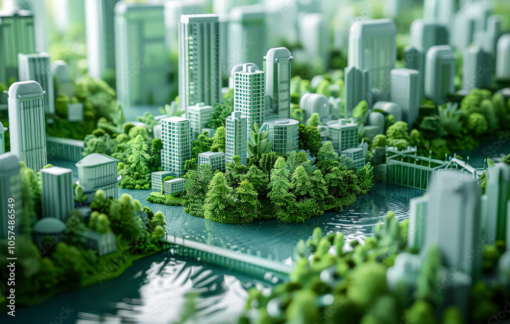 Fototapeta premium Cityscape with a river running through it and a bridge. The buildings are made of glass and are surrounded by trees. The scene is peaceful and serene, with the water