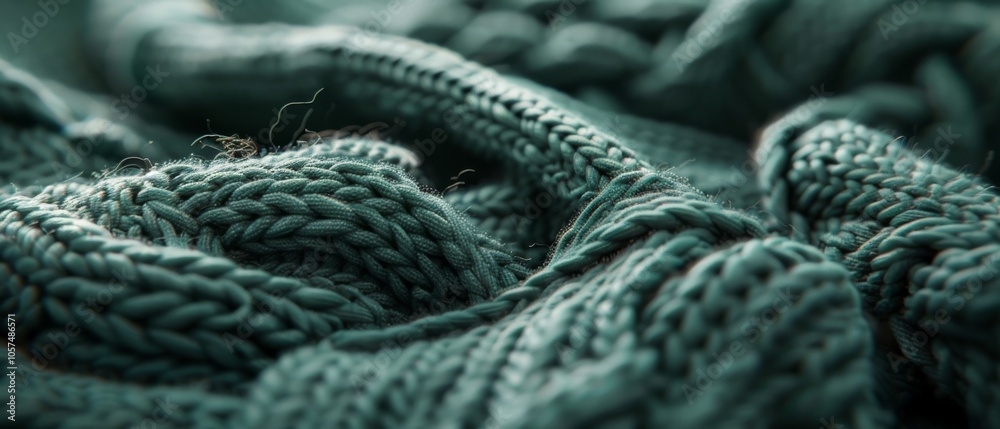 A textured close-up of green knit fabric, swirling with intricate patterns, exudes warmth, comfort, and artisanal craft in every gentle fold. A textured close-up of green knit fabric, swirling with intricate patterns, exudes warmth, comfort, and artisanal craft in every gentle fold.