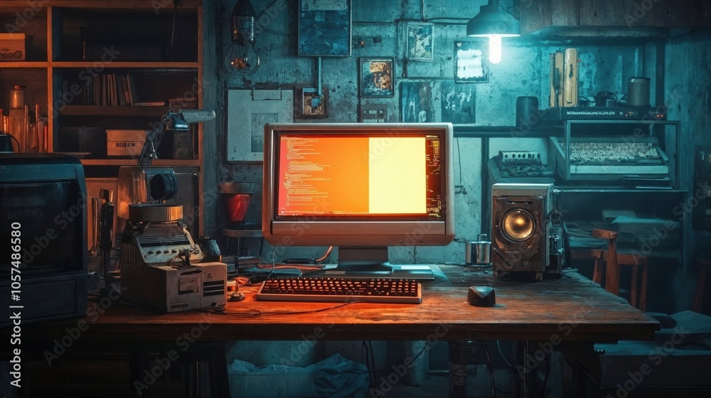 There is a computer that is placed on top of a wooden desk in a dark room There is a computer that is placed on top of a wooden desk in a dark room