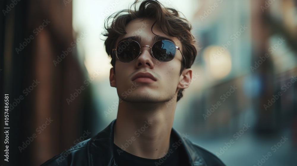 Man wearing sunglasses and a black jacket is standing on a street