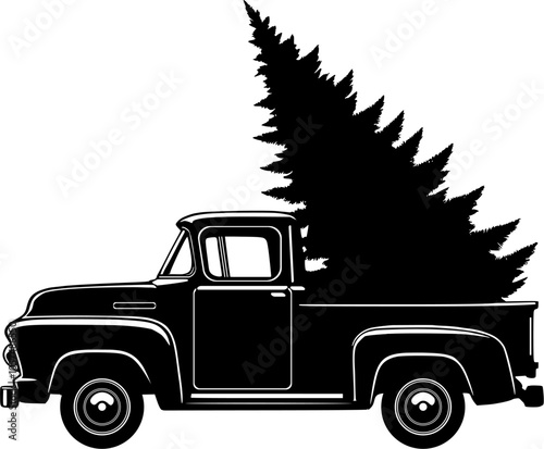 Christmas Truck silhouette , pickup truck with Chirstmas tree