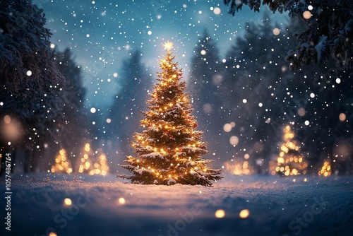 Christmas tree adorned with colorful lights in the snow under a night blue sky, surrounded by trees and falling stars, creating a joyous celebration atmosphere.