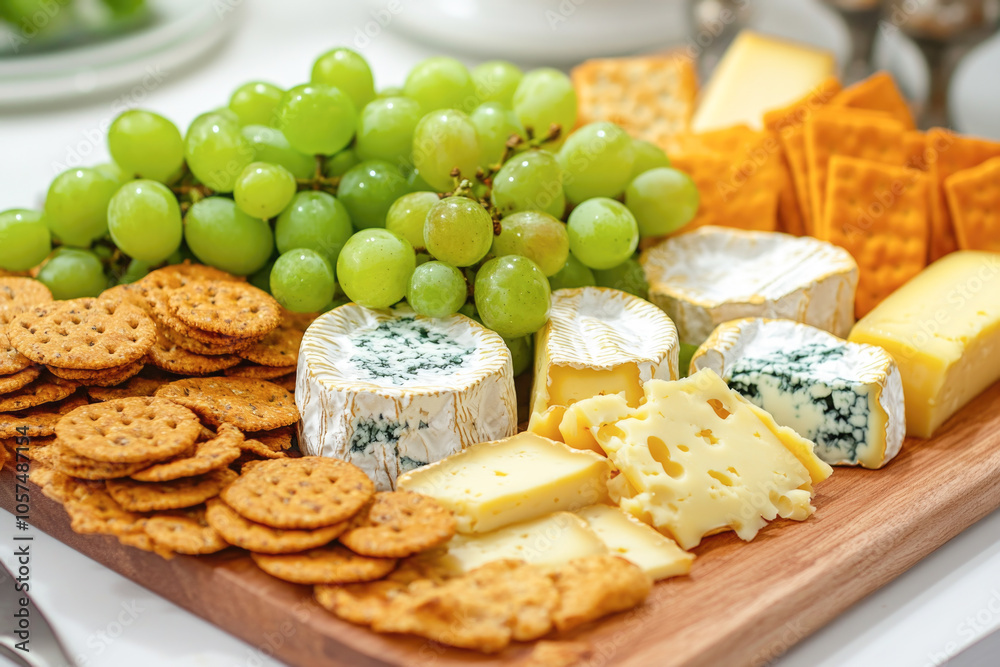 Gourmet cheese and grape platter with crackers for elegant entertaining