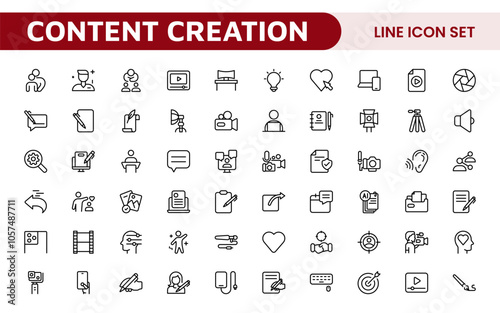 Content Creation Icon Set. Creative and versatile icons for bloggers, vloggers, and digital creators, perfect for enhancing editing tools, social media apps, and multimedia projects.