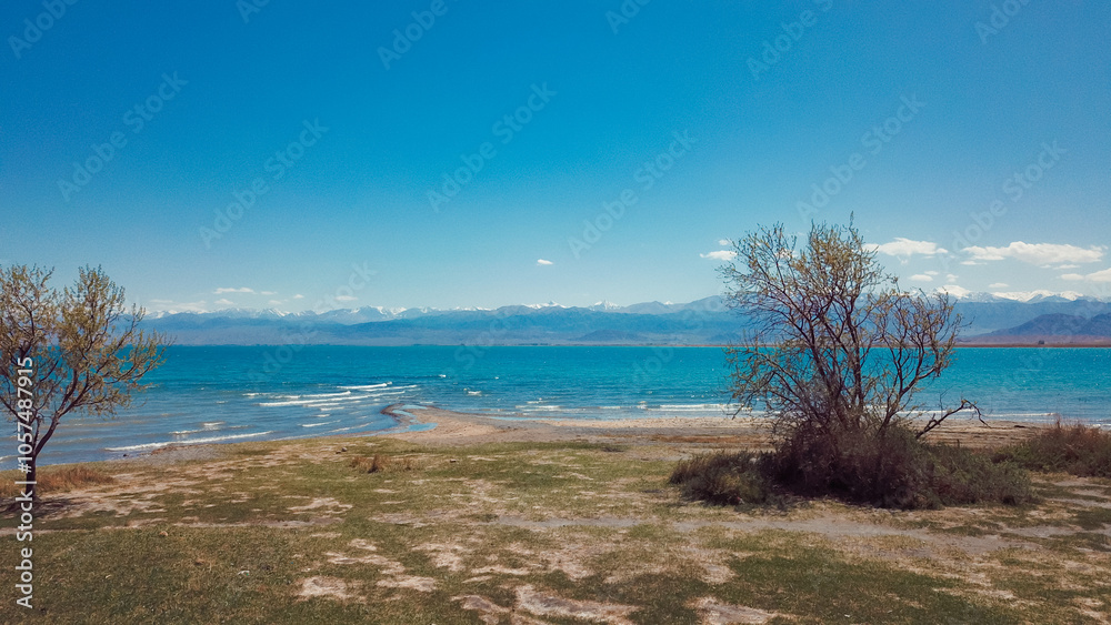 Tranquil shoreline and blue waters of Issyk Kul Lake in Kyrgyzstan under clear skies Tranquil shoreline and blue waters of Issyk Kul Lake in Kyrgyzstan under clear skies