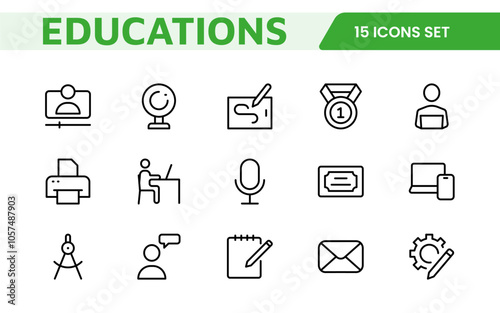 Education Tools Icon Set. Engaging and versatile icons for learning apps, classrooms, and online courses, perfect for enhancing educational resources and making learning fun and accessible.