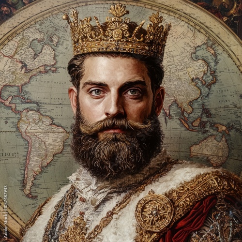 Classic Portrait of a King with Fur and Crown, Against a Detailed World Map