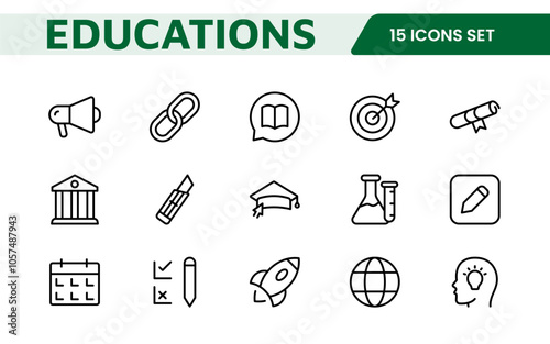 Education Tools Icon Set. Engaging and versatile icons for learning apps, classrooms, and online courses, perfect for enhancing educational resources and making learning fun and accessible.