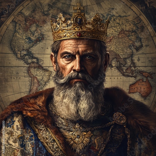 Medieval King Portrait with Ornate Crown and Elegant Robe, Historic Cartography