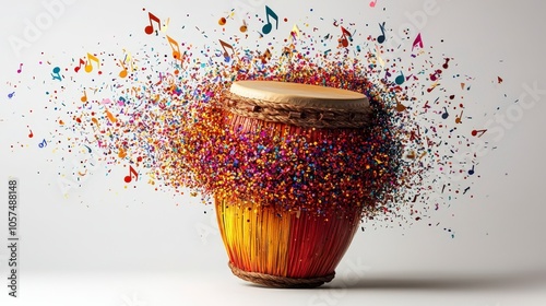 A decorative conga drum bursts with swirling musical notes, symbolizing the joy and emotional impact of music in a dazzling display of color and movement. photo