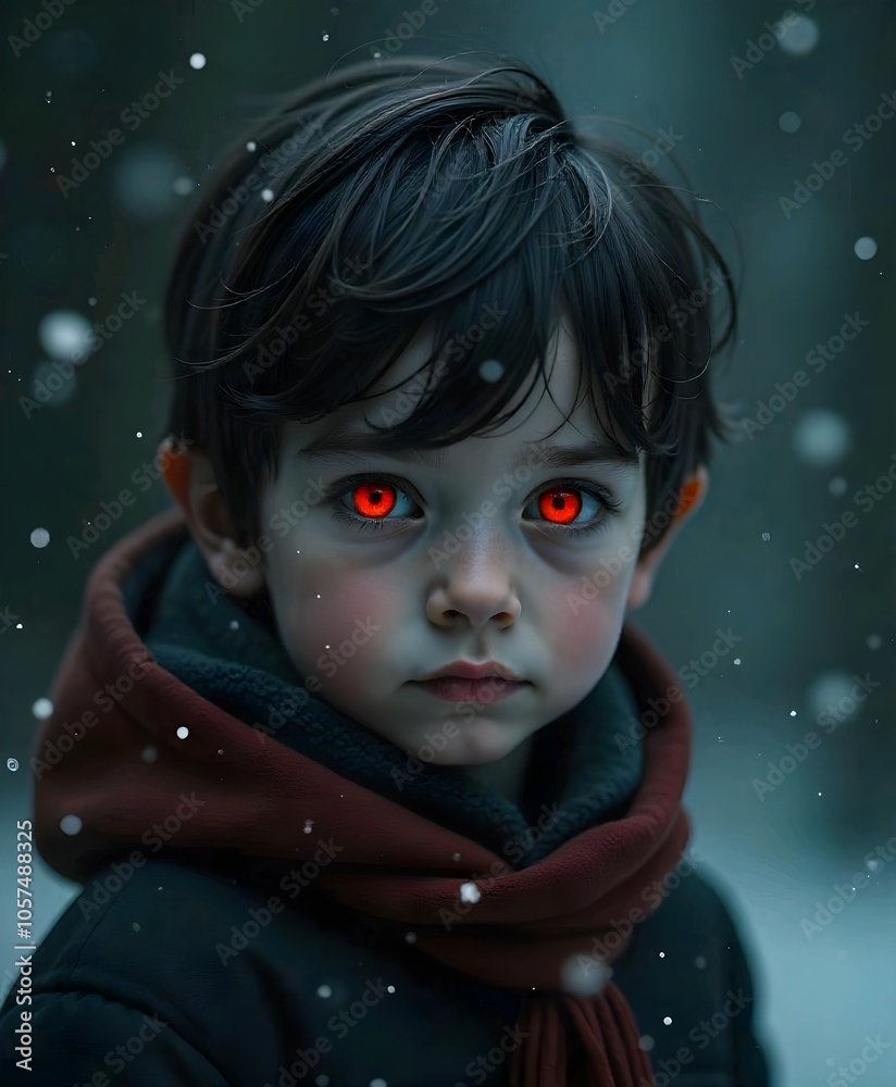 A young, pale-skinned boy with messy, dark hair and glowing red eyes, set against a dark, moody background with snowflakes A young, pale-skinned boy with messy, dark hair and glowing red eyes, set against a dark, moody background with snowflakes