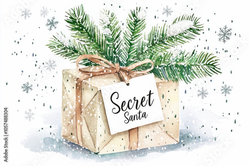 Watercolor style illustration of a Secret Santa gift box with fir branches and snowflakes in a festive winter setting. photo