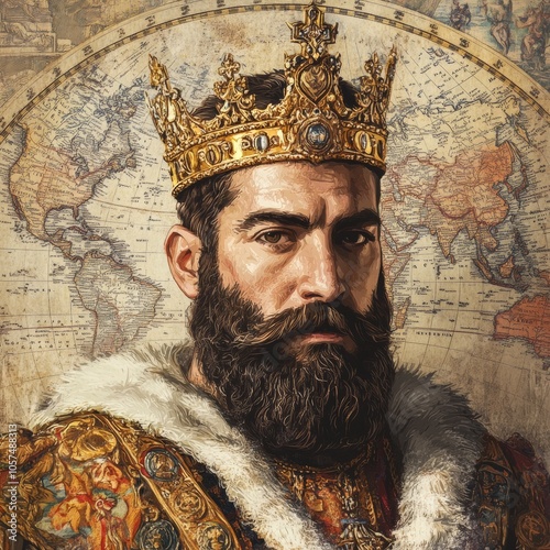 Noble King Portrait, Featuring Rich Embroidery and Antique Map Background