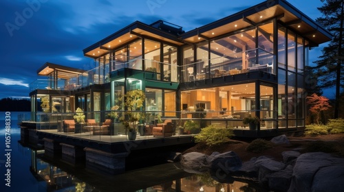 Modern Waterfront Residence with Expansive Glass Walls and Deck Overlooking a Tranquil Lake at Dusk