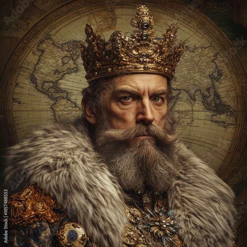 Portrait of a Noble King in Regal Attire with Ornate Crown, Vintage Map Background